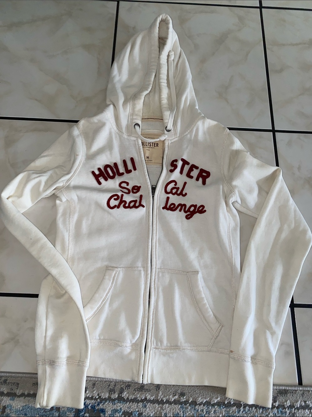 Hollister White Zip Hoodie with Red Appliqué Script